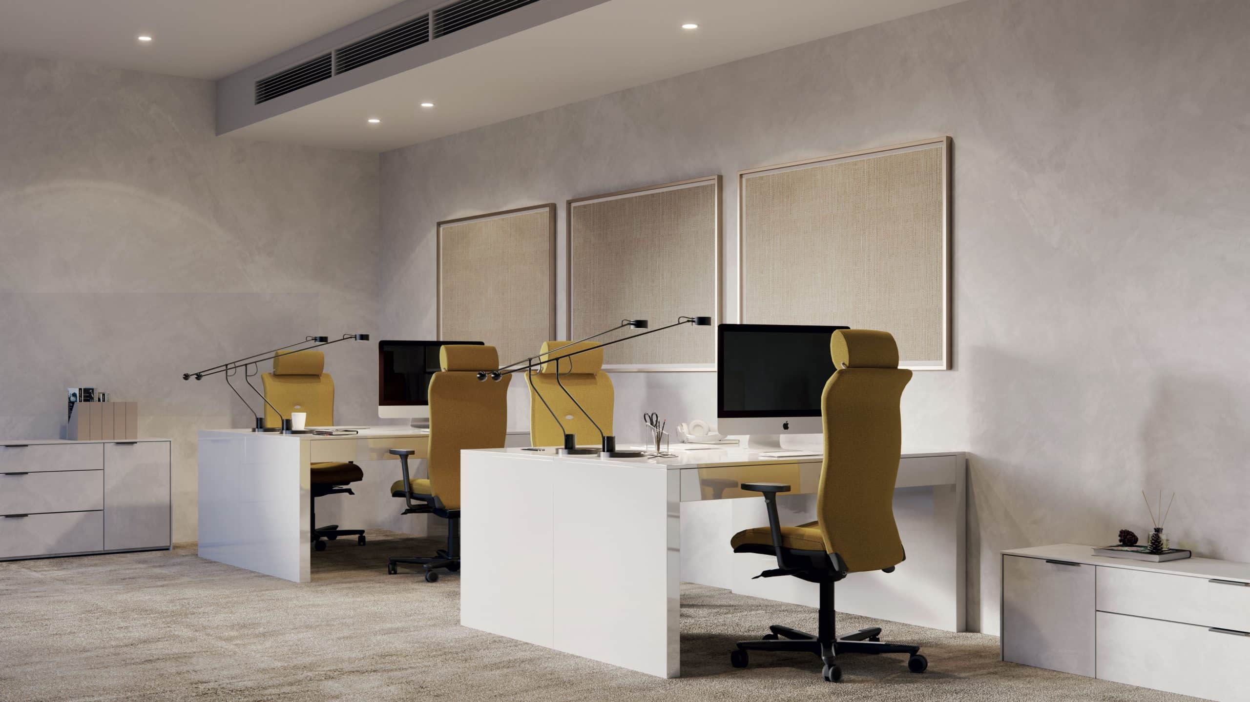 Espace de travail, workspace avec fauteuils de bureau ergonomique strong auguste en tissu jaune Navailles