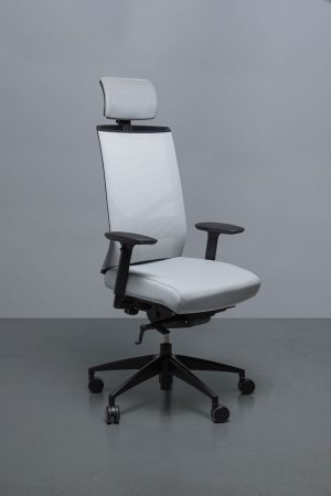 Voici une jolie photo d'un fauteuil de bureau ergonomique respirant et confortable en résille, le modèle Great Marcel est ici présenté en tissu just gris et en résille goal unito 2D
