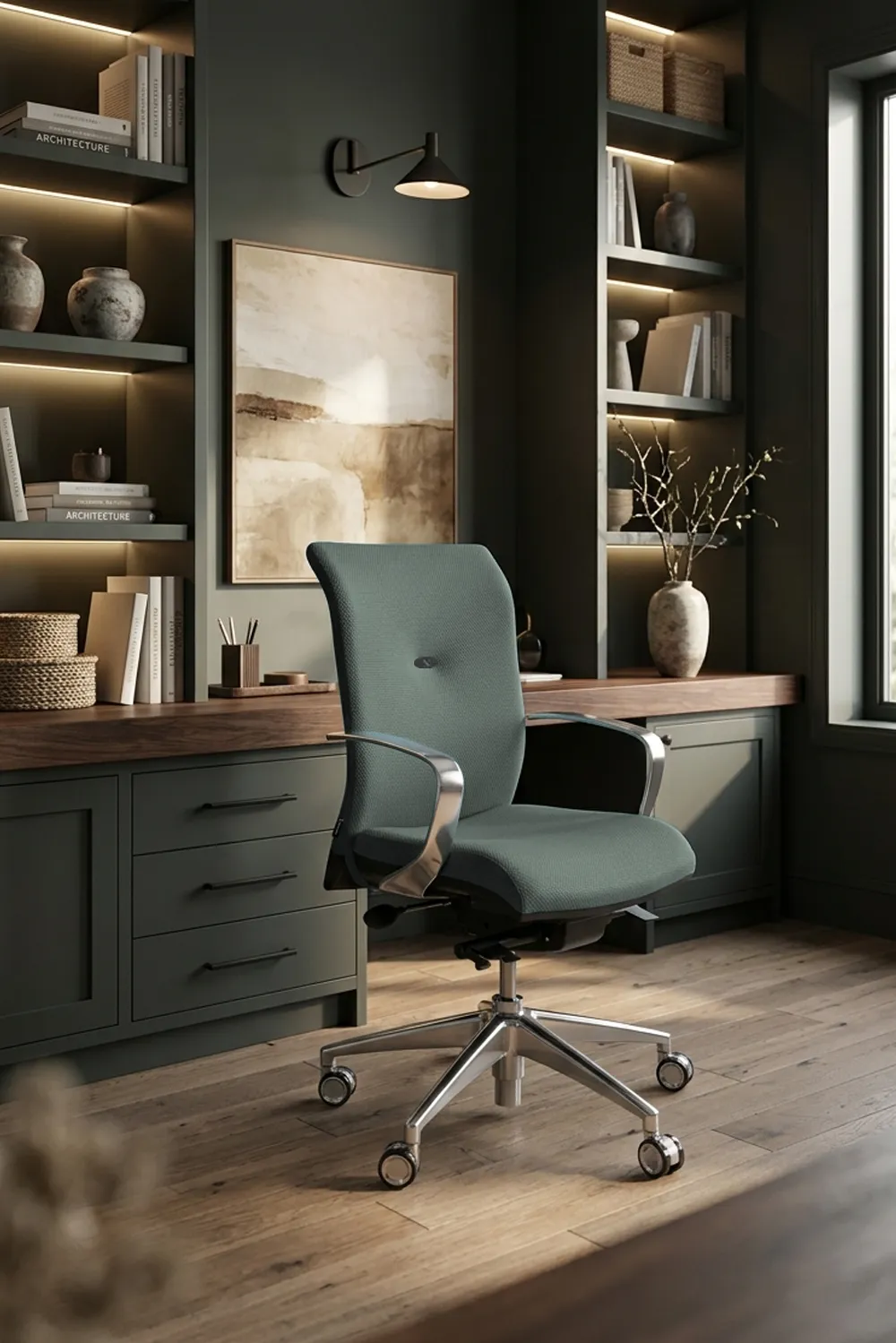 Strong Auguste +, fauteuil de direction ergonomique de chez Navailles dans un bureau contemporain &agrave; l&rsquo;ambiance naturelle. Fauteuil de grande qualit&eacute; avec accoudoirs fixes et petit dossier en tissu.