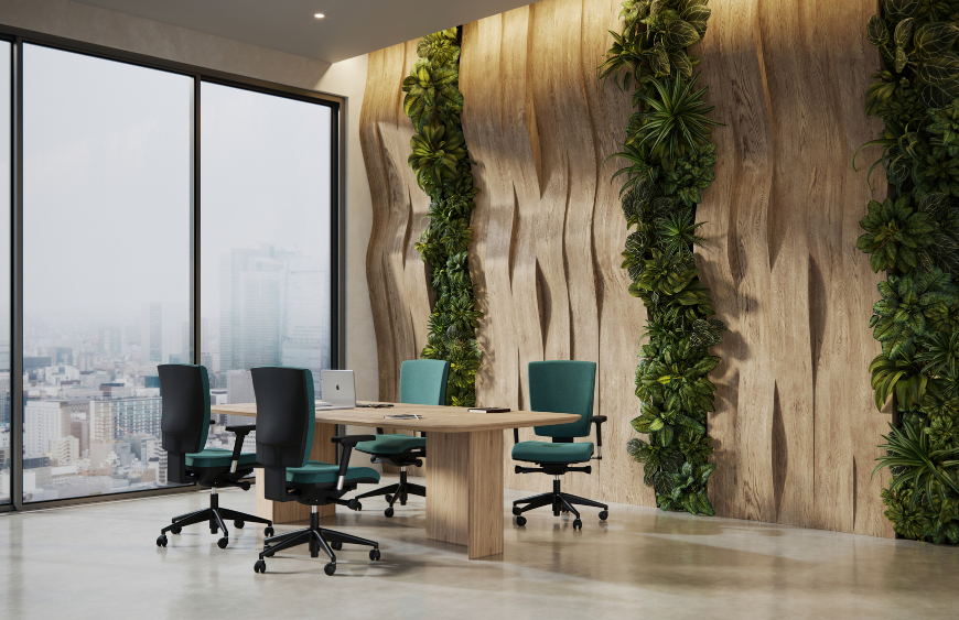 Espace de travail inspirant : bonne lumière, mur végétalisé, fauteuil de bureau design.