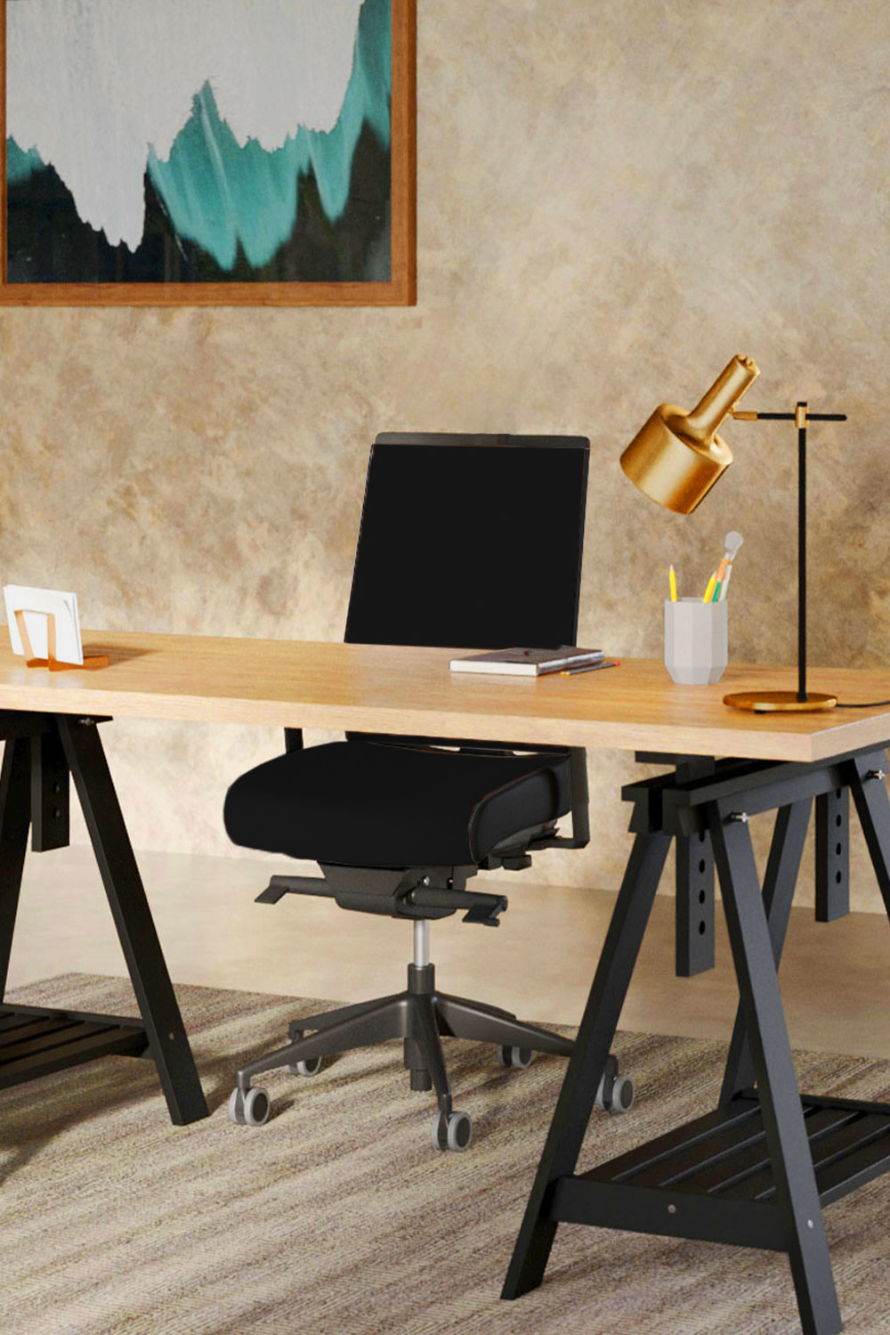 Joli bureau épuré accompagné de son fauteuil de bureau ergonomique de qualité Great Marcel Garni sans appuie-tête made in France de chez Navailles