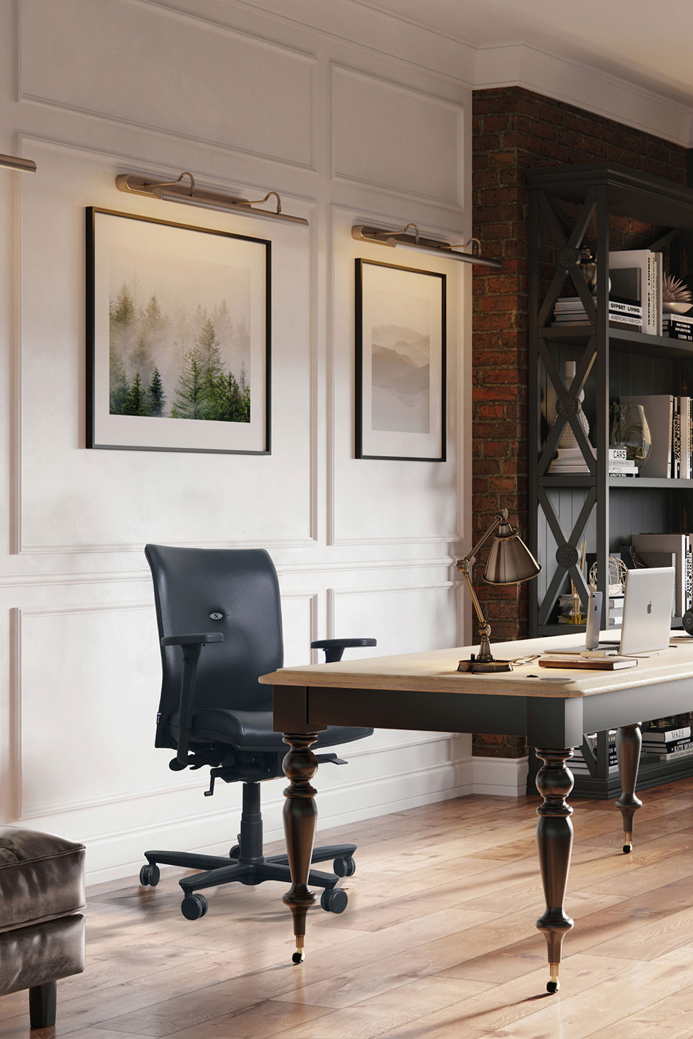 Joli bureau accompagné du fauteuil de bureau ergonomique Strong Auguste petit dossier, made in France de chez Navailles