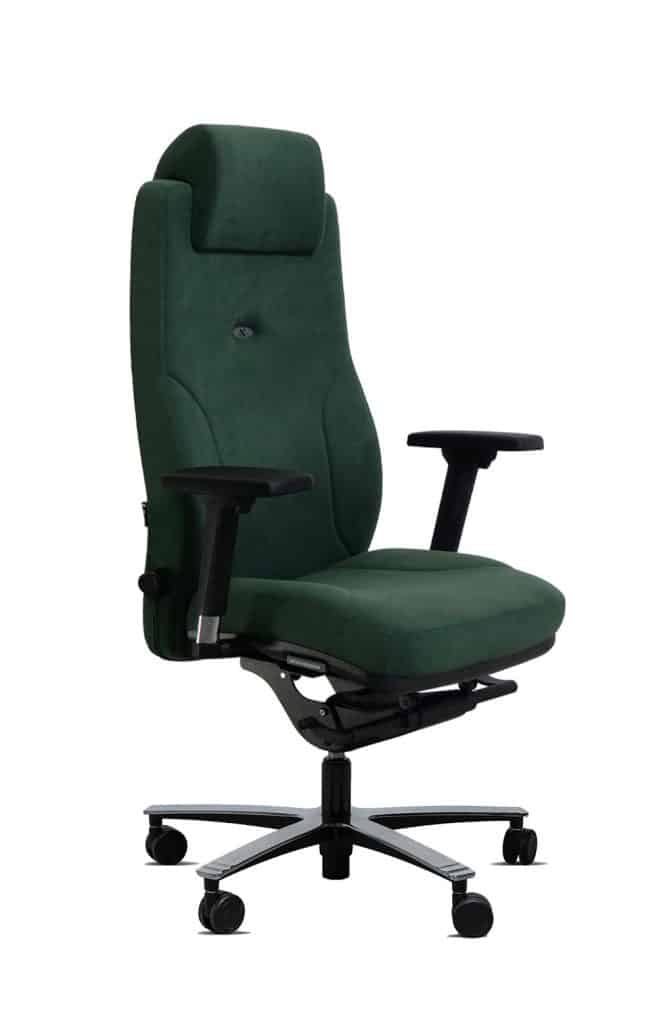fauteuil de bureau ergonomique Made In France Lead Ernest 24.24 de trois quart en tissu microfibre Comfort + vert - Navailles